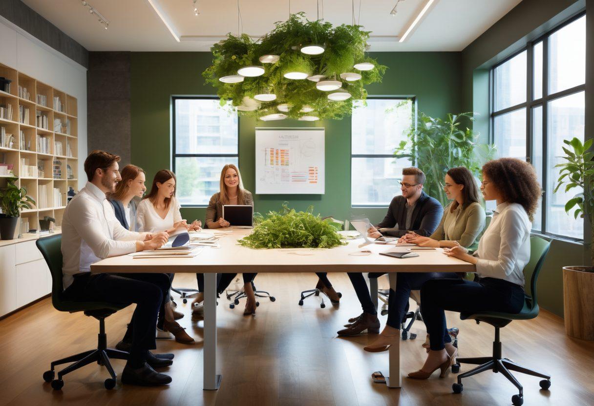 A vibrant team brainstorming session, with diverse members passionately discussing ideas around a futuristic table filled with innovative gadgets and technology. Soft warm light illuminates their faces, showcasing expressions of enthusiasm and collaboration, while creative concepts like charts and diagrams float around them. The setting blends a modern office space with organic elements like plants, symbolizing growth and innovation. super-realistic. vibrant colors. bright background.