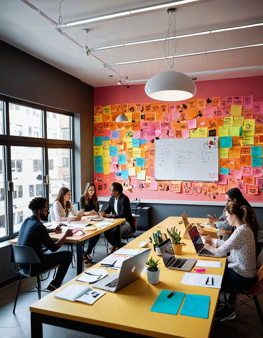 A vibrant startup community scene, featuring diverse individuals engaged in collaborative brainstorming, with heart symbols representing passion and love floating around, colorful notes and ideas on whiteboards, and hints of technology and innovation in the background. super-realistic. vibrant colors. modern design.