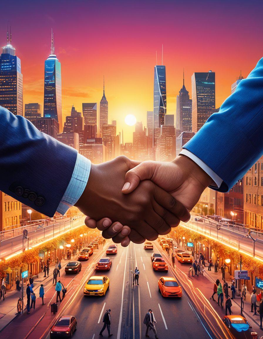 A dynamic scene illustrating two diverse entrepreneurs shaking hands, surrounded by elements representing collaboration like gears and light bulbs, symbolizing ideas igniting. The background features a vibrant city skyline, showcasing the entrepreneurial spirit. Warm, inviting colors emphasize positivity and teamwork. super-realistic. vibrant colors. 3D.